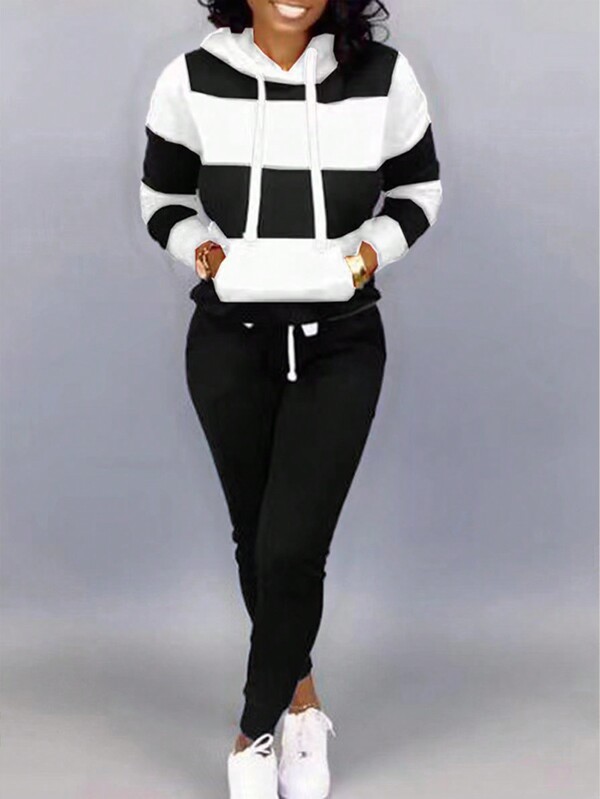 Autumn And Winter New European And American Women's Fashion Striped Patchwork Hooded Large Pocket Loose Sweatshirt Sports Long Sleeved Pants Set
