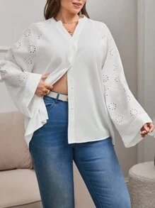RueChic Plus Eyelet Embroidery Raglan Sleeve Button Front Shirt - White - View 5