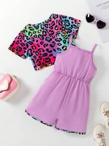 2pcs Toddler Girls' Fashionable Leopard Printed Crop Top & Jumpsuit Set, Summer