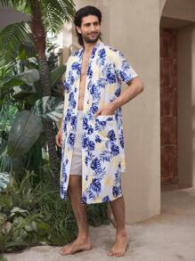 Manfinity ChillVibe Men's Tropical Print Short Sleeve Robe Lounge Wear - Multicolor - View 4