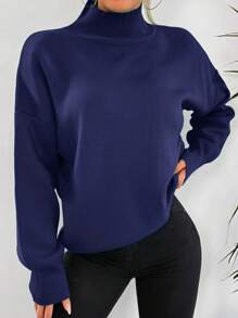 EURMUSE Mock Neck Drop Shoulder Sweater - Navy Blue - View 6