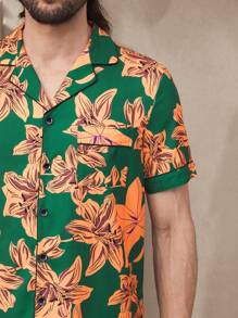 Manfinity ChillVibe Men's Floral Print Button-Down Short Sleeve Pajama Set, Summer - Green - View 6