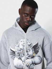 SUMWON Zip Up Hoodie Angel Cherub Statue Print Renaissance Art Winter Streetwear Classic Sweatshirt With Chain Lock Detail - Light Grey - View 3