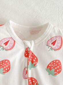 Cozy Pixies Newborn Baby Girl Strawberry Print Contrast Color Soft Knitted Romper With Footie - White - View 6