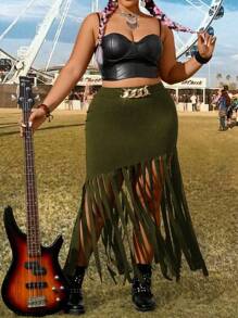 Breezaya Plus Size Solid Color Metal Decor Fringe Hem A-Line Skirt, Casual & Vacation - Army Green - View 3