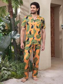 Manfinity Conjunto de pijama casual de verano de manga corta de una hilera para hombres (camisa y pantalones)