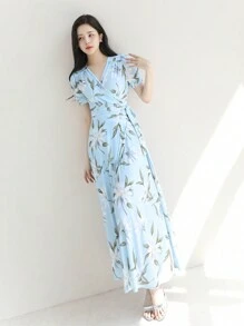 DAZY Women Floral V-Neck Fitted Short Sleeve Dress, Autumn Sundress
