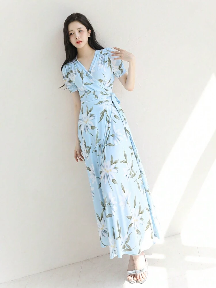 Women Floral V-Neck Fitted Short Sleeve Dress, Autumn Sundress,Teacher Outfits Boho