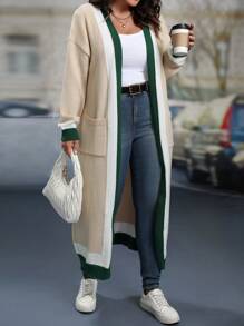 EMERY ROSE Plus Size Women's Colorblock Long Sleeve Pocket Casual Long Cardigan, Fall/Winter , Color Block