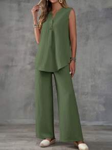 EMERY ROSE Bộ 2 chiếc áo không tay họa tiết và quần ống rộng có cúc - xanh quân đội - Xem 4