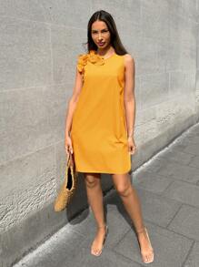 SHEIN LUNE Women's Ruffle Hem A-Line Dress, Rose Red Sleeveless Round Neck Elegant Casual Dress