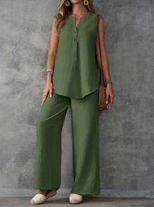 EMERY ROSE Bộ 2 chiếc áo không tay họa tiết và quần ống rộng có cúc - xanh quân đội - Xem 5