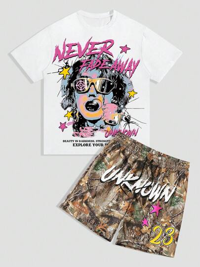 Street Life 2 Stücke Herren lässiges Set aus Rundhals T-Shirt mit Buchstaben- und Gesichts-Aufdruck und Shorts mit Kordelzug-Tasche, Sommer