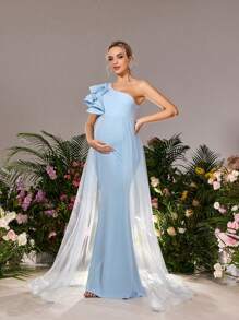 Maternity Elegance One-Shoulder Ruffle Sleeve Gown&Babyshower Dresses With Cascading Side Slit Organza Train & Sculpted Fish-Tail Hem – Sophisticated Baby Shower Dress For Formal Dinners, Bridal Luncheons, Celebratory Receptions, Maternity Galas, And Elegant Ceremonies