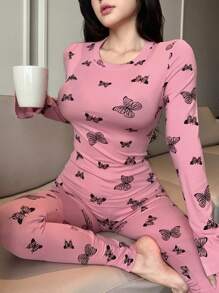 DAZY Butterfly Print Slim Fit Long Sleeve Pajama Set - Pink - View 1