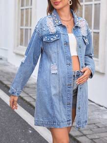 SHEIN Maternity Distressed Denim Long Sleeve Jacket, Loose Fitting Blue - Light Wash - View 5