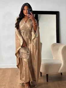 BamGleam Women's Solid V-Neck Batwing Sleeve Dress With Metallic Sheen, Spring/Summer - Gold - View 1