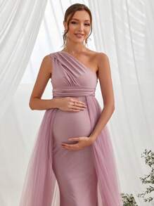 Faeriesty Dressalisa Luxury One-Shoulder Maternity Gown& Babyshower Dresseswith Asymmetrical Side Sash & Mermaid Train – Formal Baby Showers, Pregnancy Galas, Evening Receptions, Bridal Shower Celebrations, High-Fashion Photo Shoots