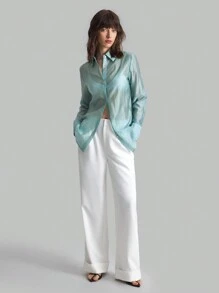 Ontre 2025新款女士纯色长袖宽松休闲衬衫，优雅日常通勤时尚，蓝色商务休闲度假沙滩生日派对装，女教师制服，商务休闲女办公室装