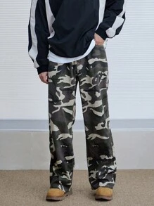 DAZY Men's Casual Back To School Camouflage Cargo Denim Pants With Pockets, All Seasons - Army Green - View 4