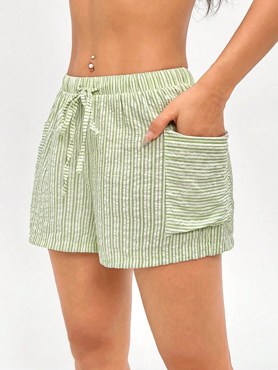 SHEIN EZwear Quần short thường ngày đơn giản in sọc cho nữ - Nhiều màu - Xem 1