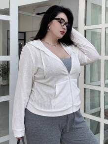 Dazy Plus 大码拉链柔软纯色合身连帽口袋长袖运动衫 - 白色 - 查看 1