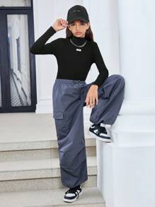 SHEIN 2pcs Tween Girls' Sports Casual Solid Color Mock Neck Sweatshirt And Elastic Waist Pants Outfit - Grey - View 4