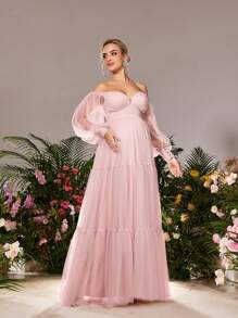 Faeriesty Dressalisa 孕妇露肩网眼多层下摆正式派对连衣裙 - 珊瑚粉 - 查看 7