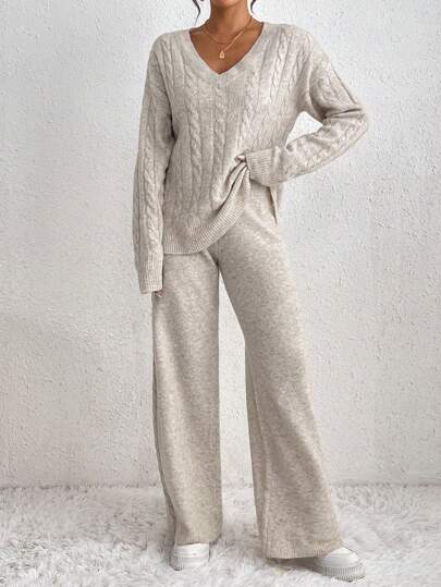 Zielony 2pcs Women's Solid Color Simple V-Neck Long Sleeve Top And Pants Knitted Sweater Set, Casual Fall Winter Cloth For Women