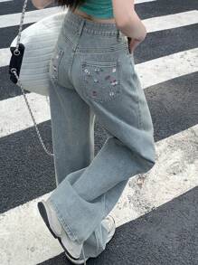 DAZY Women Casual Distressed Floral Embroidered Wide-Leg Jeans Fall,Winter