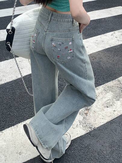 DAZY Women Casual Distressed Floral Embroidered Wide-Leg Jeans Fall,Winter