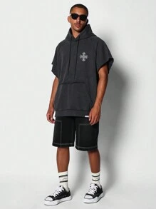 SUMWON Sleeveless Hoodie Drawstring Casual Athletic Streetwear Oversized Distressed Washed Cotton Blend Graphic Logo Urban Sports Basketball Training Spring Summer Fall - Black - View 4