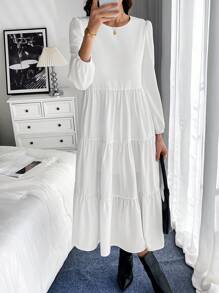 Chiquease 女士宽松圆领拼接长袖荷叶边蛋糕中长连衣裙 - 白色 - 查看 4