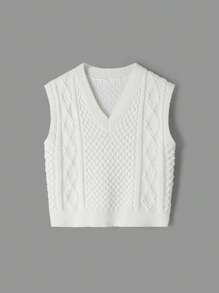 SHEIN MOD Vintage V-Neck Loose Textured Knitted Vest,Women Sweater Vest, Cream Vest, Back To School Sweater, Winter Sweater, Apricot Vest - Beige - View 1