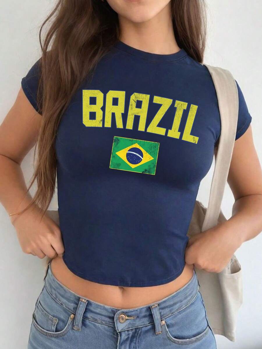 SHEIN Essnce Brazil Flag Men's T-Shirt Brazilian National Team South Latin America Football Rio De Janeiro Soccer,Casual Simple BRRZIL Logo Round Neck Short Sleeve Crop Top T-Shirt For Women, Summer Suitable For Going Out
