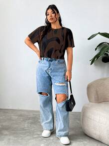 SHEIN EZwear Áo thun cổ tròn tay ngắn viền lá rau diếp cỡ lớn thường ngày, dành cho mùa hè - màu nâu - Xem 5