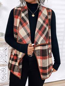 Plus Size Women Plaid Print Asymmetric Hem Pockets Sleeveless Coat, Fall Clothes