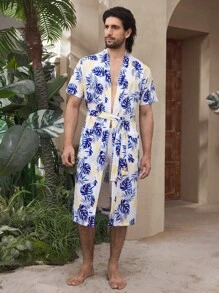 Manfinity ChillVibe Men's Tropical Print Short Sleeve Robe Lounge Wear - Multicolor - View 3