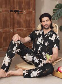 Men's Floral Printed Notch Collar Short Sleeve Shirt And Pants Pajama Set - Black - View 3
