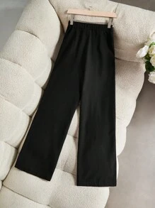 Modelyn Pantalones rectos casuales sueltos con decoración de botones, patchwork y lazo para mujer