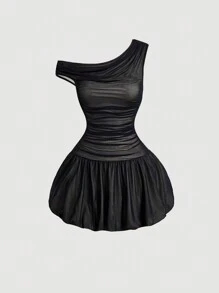 SHEIN MOD 优雅黑色网眼褶皱不对称领花苞裙、泡泡裙、舞会礼服、黑色裙子、秋季礼服、生日装、返校节礼服、南瓜 - 黑色 - 查看 1