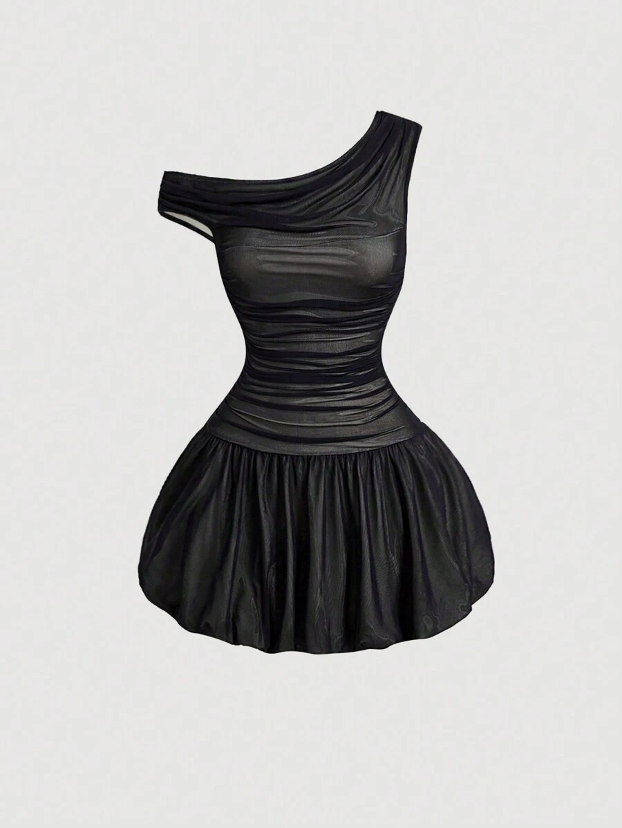 SHEIN MOD 优雅黑色网眼褶皱不对称领花苞裙、泡泡裙、舞会礼服、黑色裙子、秋季礼服、生日装、返校节礼服、南瓜 - 黑色 - 查看 1