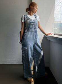 DAZY 女士带口袋牛仔背带裤，直筒宽松休闲舒适连体裤 - 藍色 - 查看 4