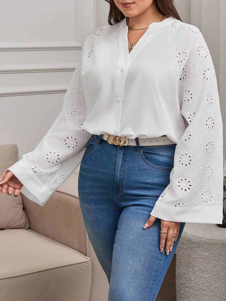 RueChic Plus Eyelet Embroidery Raglan Sleeve Button Front Shirt - White - View 1