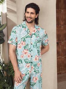 Men's Leaf Print Single Breasted Short Sleeve Top And Pants Pajama Set - Blue - View 5