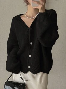 DAZY 女士 V 领宽松针织开衫、长袖上衣、秋装夹克 - 黑色 - 查看 3