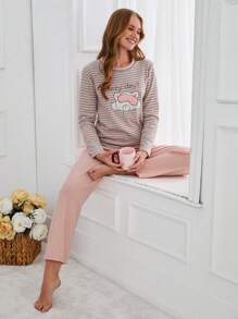 RueChic 100% Cotton 2Pcs  Striped&Embroidry Detail Shirt And Long Bottom Lounge Set - Dusty Pink - View 6