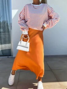 INAWLY Plus maat casual sweatshirt met contrasterende strepen en verlaagde schouders, lente herfst
