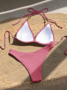 SHEIN Swim Ladies Vacation Faux Pearl Chain Link Strap Halter Simple And Stylish Bikini Set, Summer Beach Vacation - Baby Pink - View 2