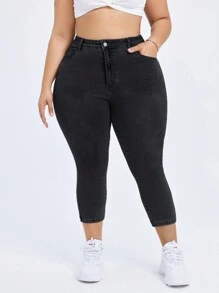 Flexra Plus Size Women's Solid Color Minimalist Daily Stretchy Knit Denim Jeans - Black - View 7